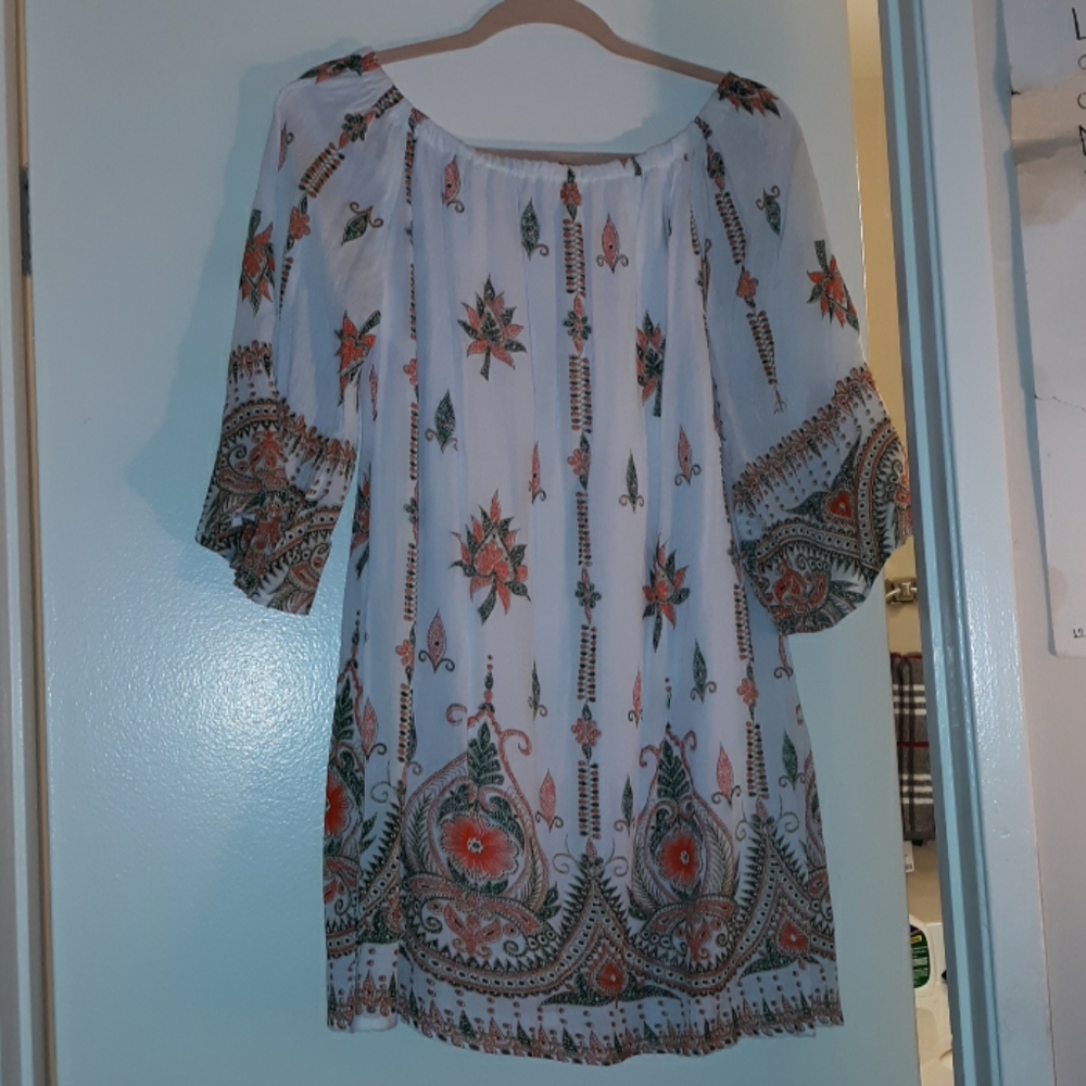 Paterned, white, off shoulder dress